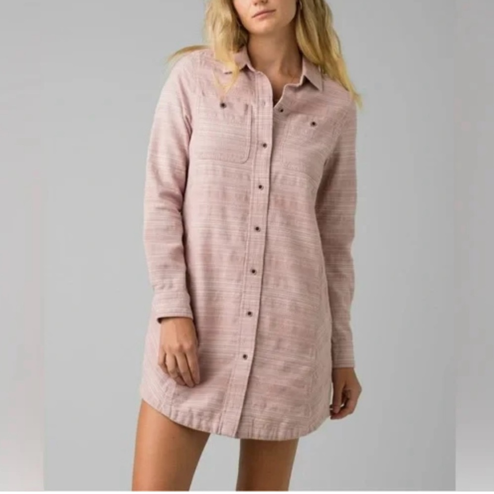 Prana Dyri pink button front textured shirt dress hiking outdoorsy size small